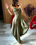 Mesh Corset Camisole Halter High-Waisted Pleated Wide-Leg Jumpsuit