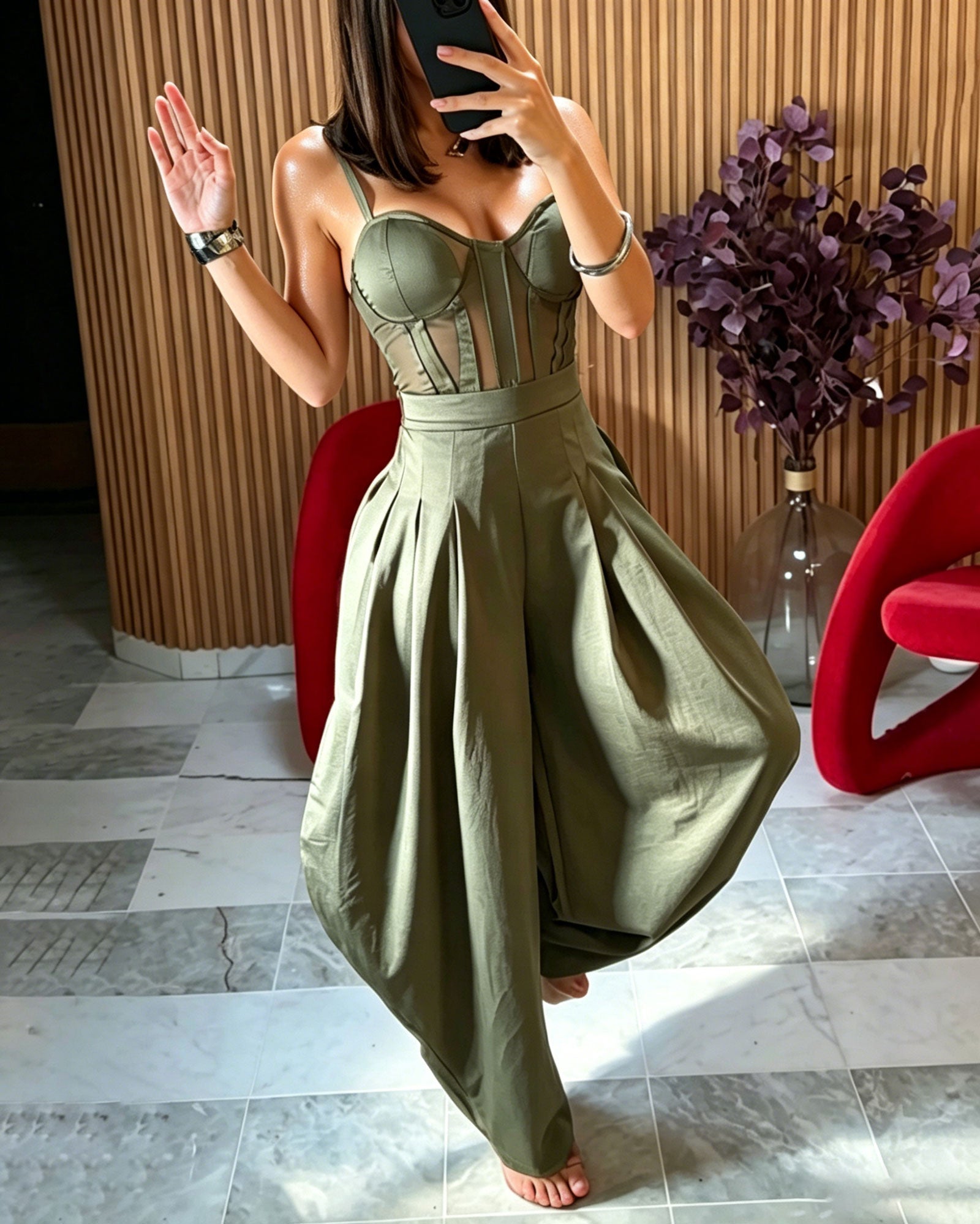 Mesh Corset Camisole Halter High-Waisted Pleated Wide-Leg Jumpsuit