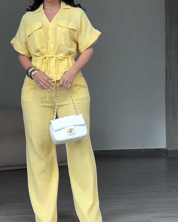 Women's 2 Piece Linen Outfits Short Sleeve Drawstring Shirts and Wide Leg Pants With Pockets