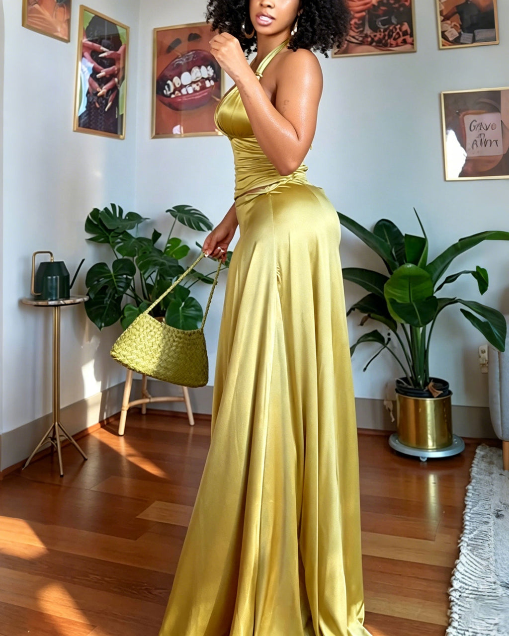 Satin Cropped Tank Top And Wide Leg Pants Two Piece Set