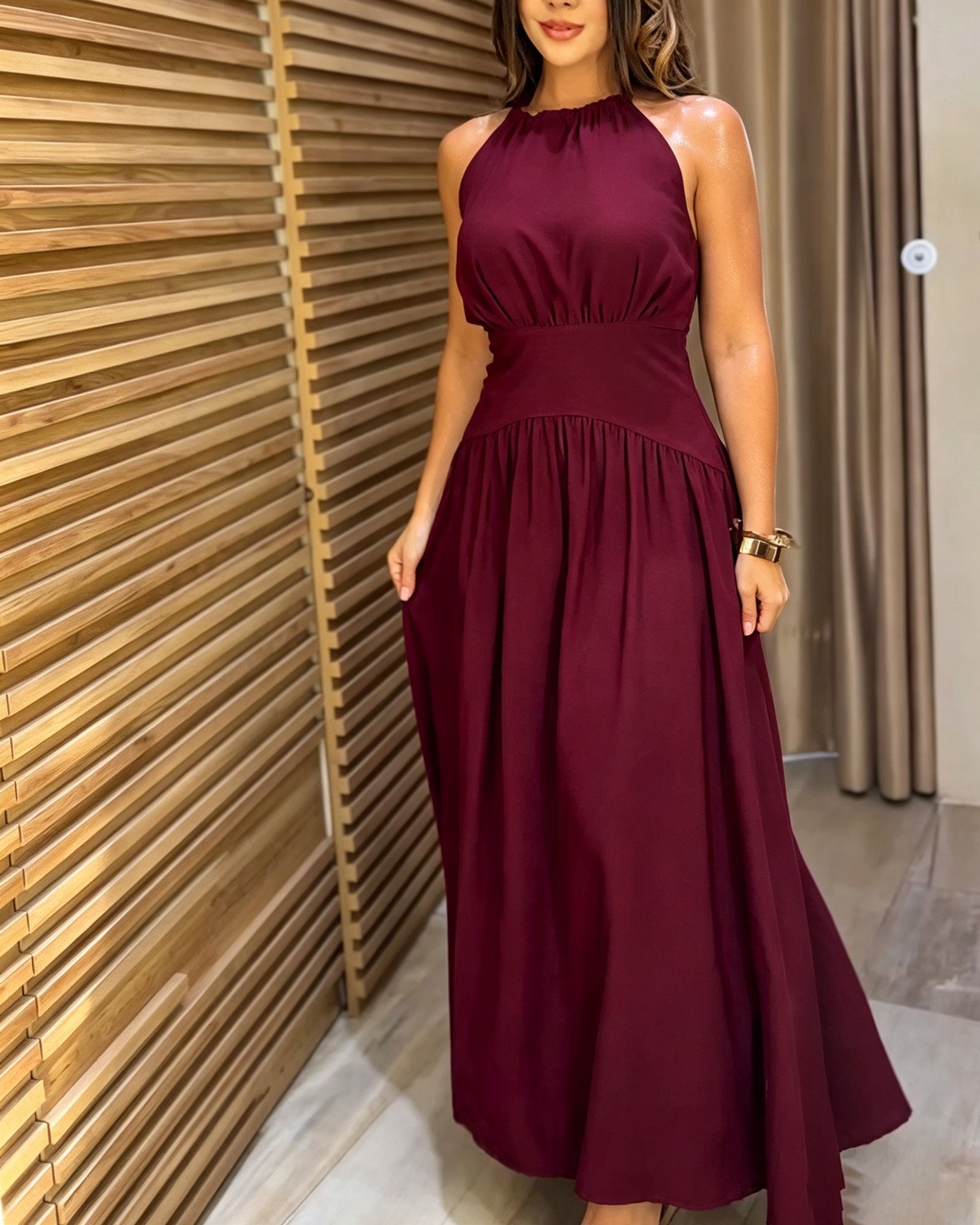 Solid Color Backless Tie Waist Pleated Flowing Long Dress