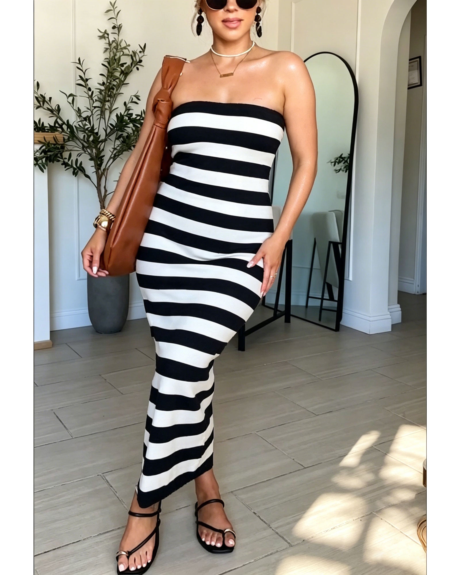 Horizontal Striped Strapless Bralette Fitted Knit Midi Dress