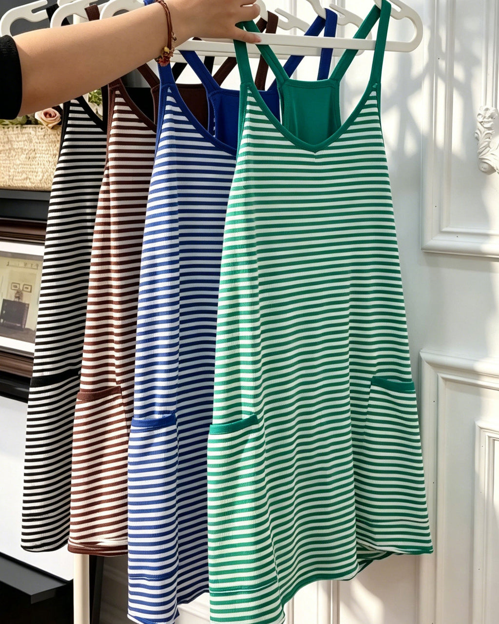 Striped V-Neck Sleeveless Swing Mini Dress with Built-In Shapewear