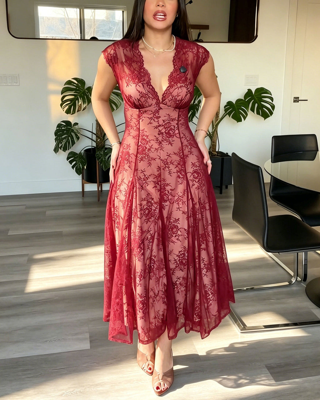 Floral Lace Deep V High Slit A-Line Midi Dress