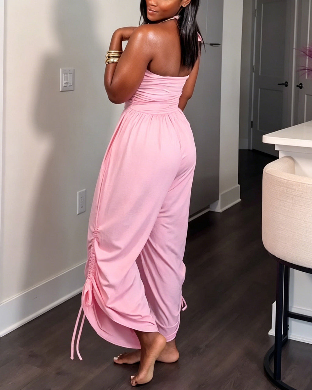 Backless Pleated Drawstring Waist Wide Leg Loose Fitting Jumpsuit