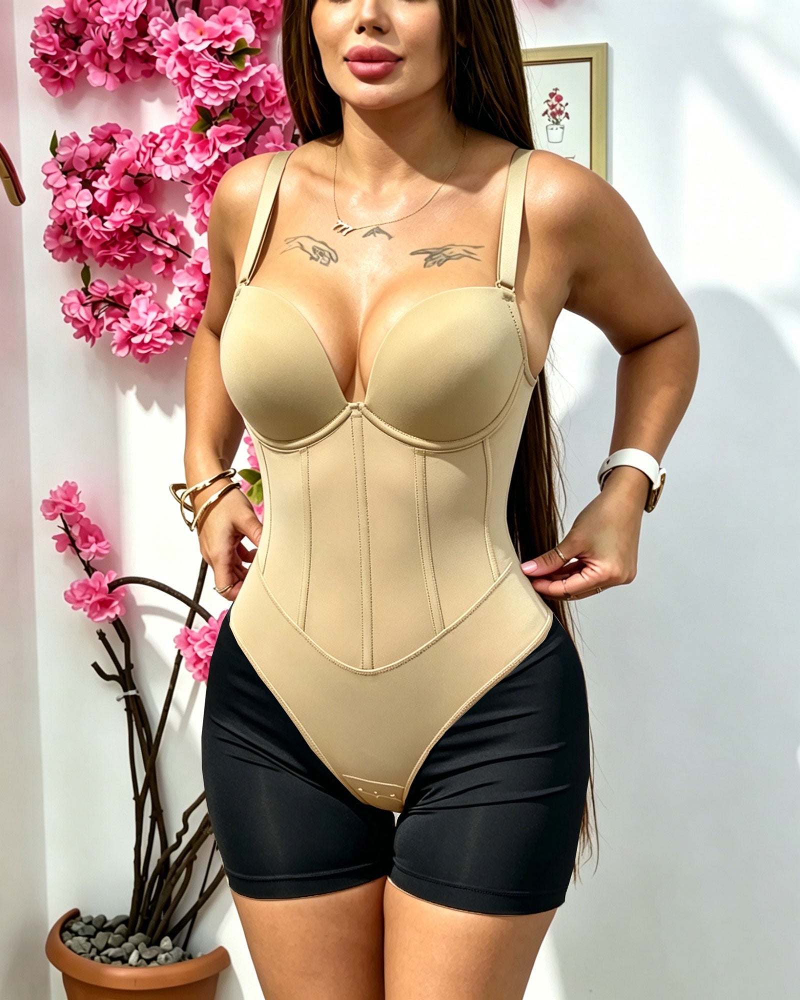 Deep V-neck Mesh Bodysuit, Shaping And Lifting The Buttocks