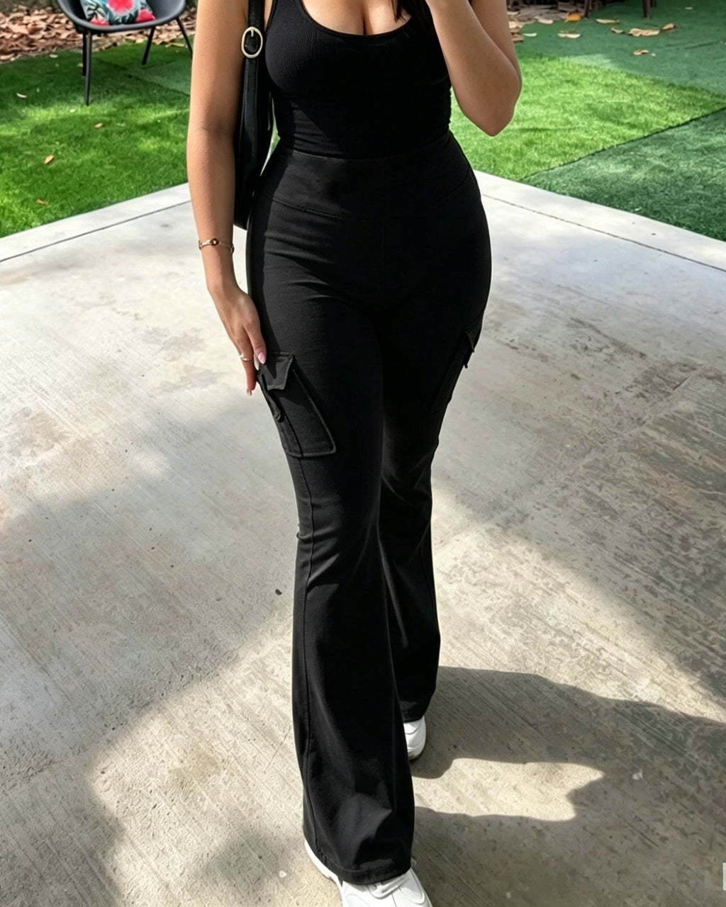 High Waisted Multi Pocket Pleated Flared Pants