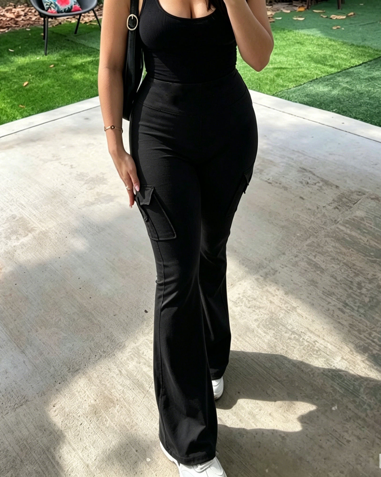 High Waisted Multi Pocket Pleated Flared Pants