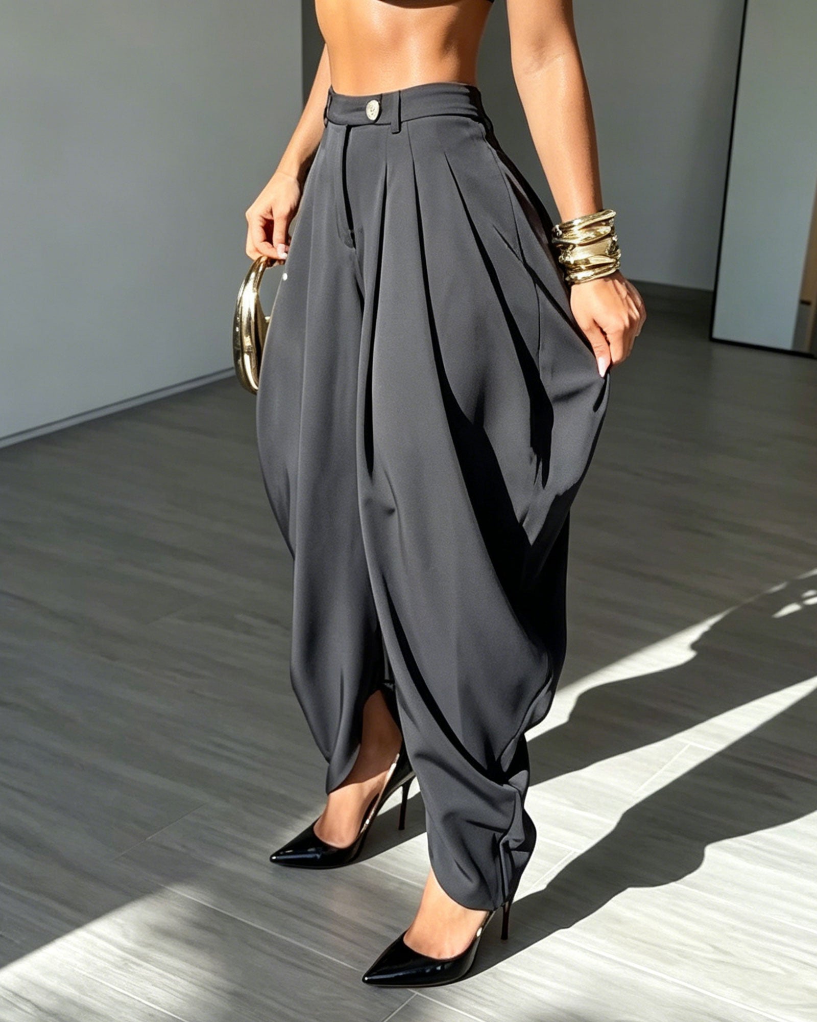 High Waisted Pleated Slit Wide Leg Harem Style Suit Pants