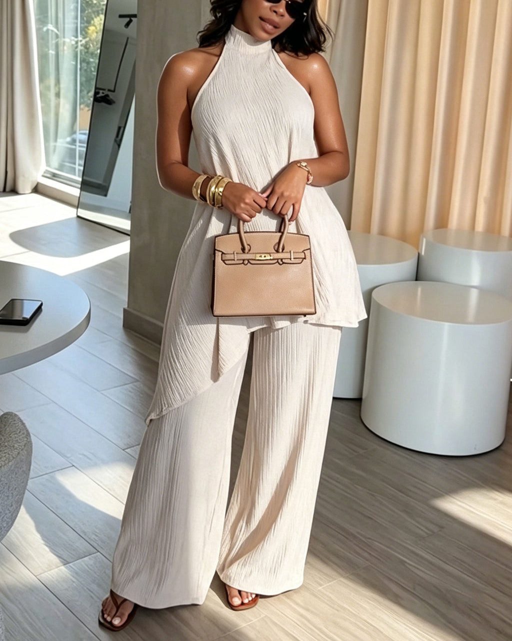 Crinkle Halter Backless Top & Wide Leg Pants Two-Piece Set