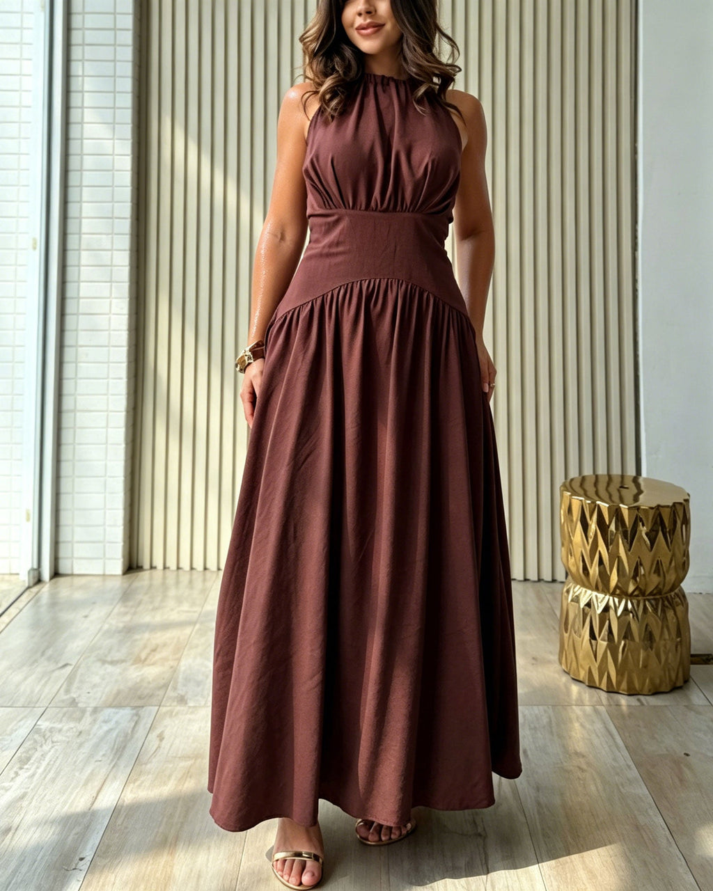 Solid Color Backless Tie Waist Pleated Flowing Long Dress