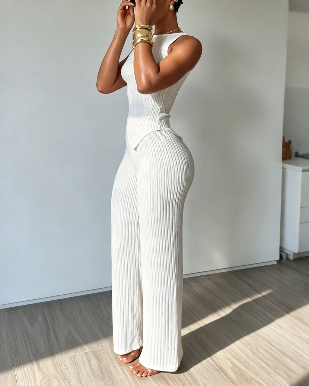 Vertical Striped Sleeveless Pointed Hem Vest And High Waisted Wide Leg Pants Two Piece set