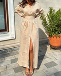 Linen V-Neck Long Sleeved High Waisted Dress With Back Tie And Front Slit