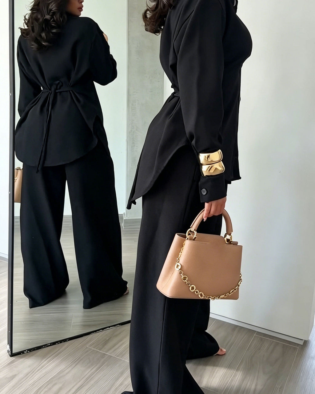 Two Piece Set: Long Sleeved Shirt With Back Tie And High Waisted Wide Leg Pants