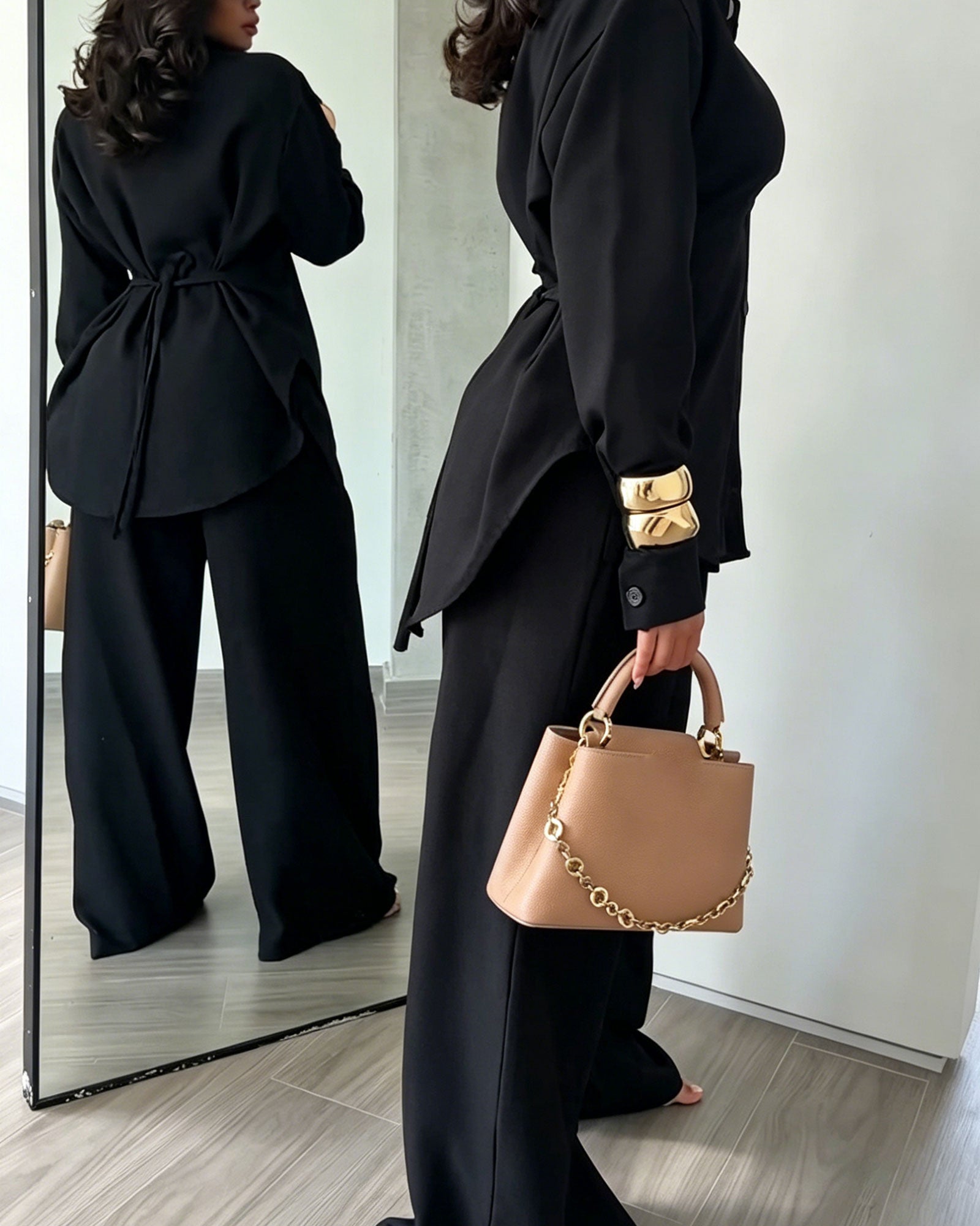 Two Piece Set: Long Sleeved Shirt With Back Tie And High Waisted Wide Leg Pants
