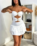 Strapless Star-Shaped Buckle Cutout Layered Ruffle Mini Dress