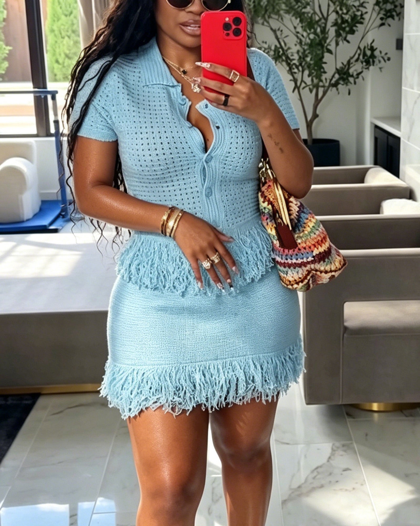 Two Piece Set: Openwork Knit Fringed Short Sleeved Top And Mini Skirt
