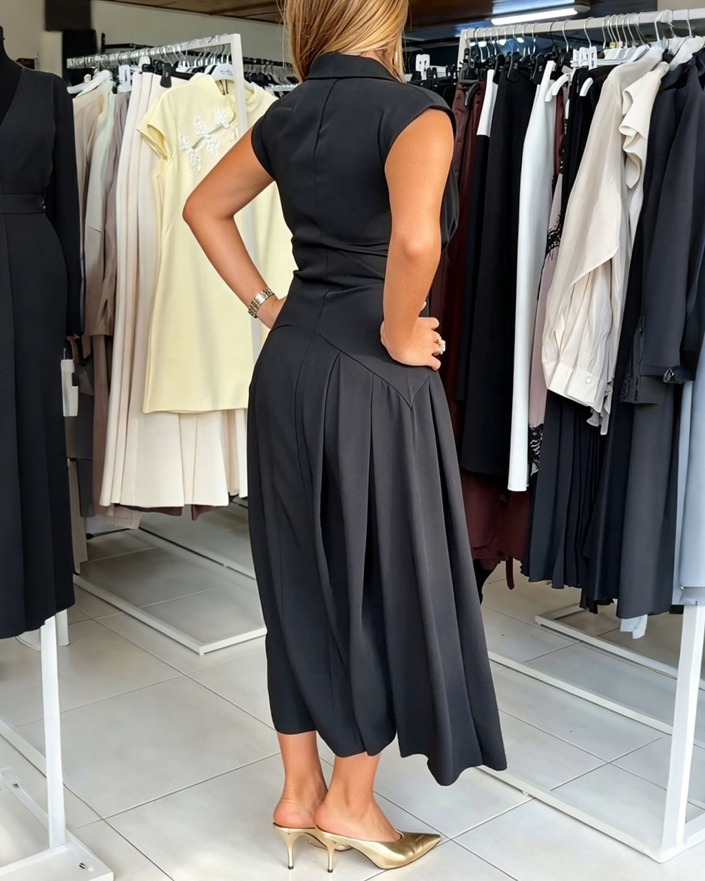 Deep V-Neck Sleeveless Lapel Midi Dress With Zipper And Pleats