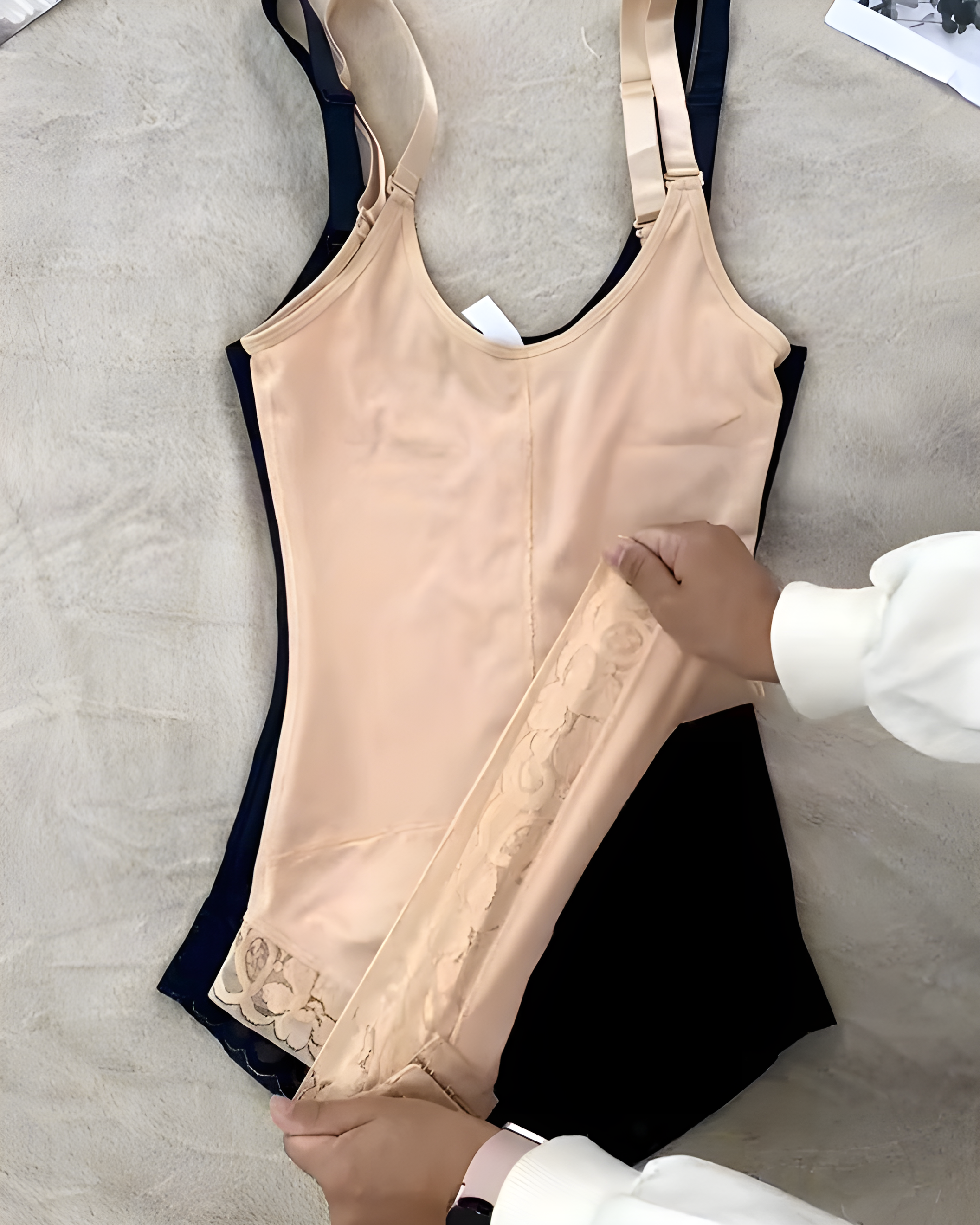 Lace Front Zip Sleeveless Bodysuit Beige