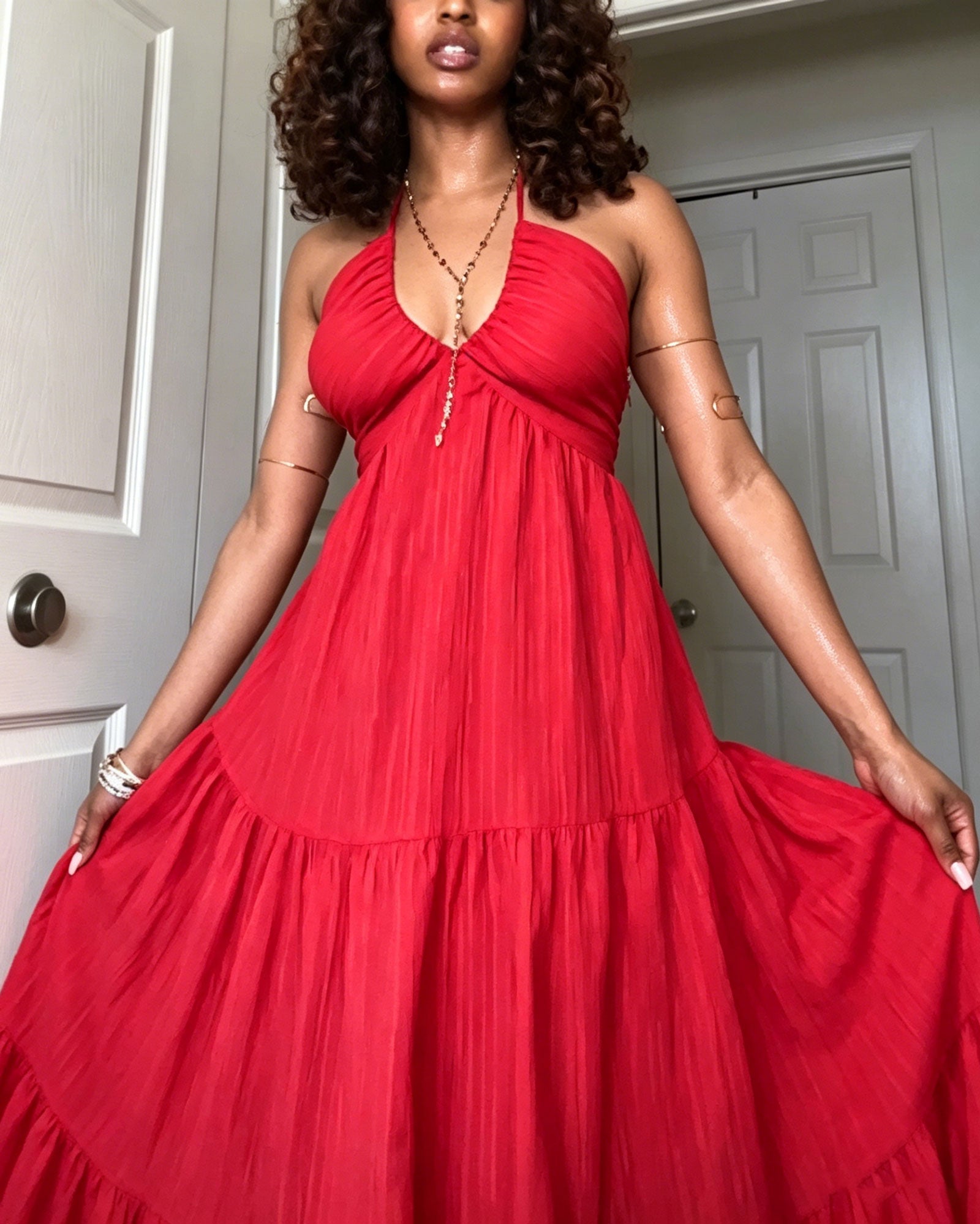 Deep V-neck Backless Halter-Neck Layered Long Dress