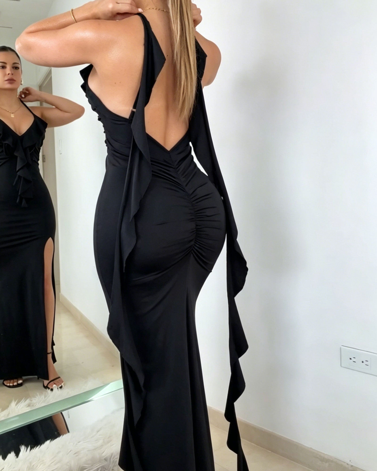 Spaghetti Strap Ruffled Backless Pleated High-Slit Maxi Dress