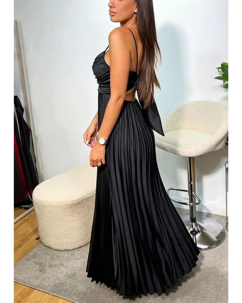 Spaghetti Strap Ruffled Backless Bow Cutout Pleated Maxi Dress