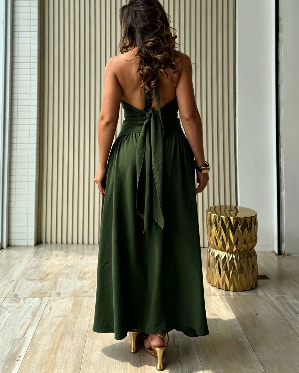Solid Color Backless Tie Waist Pleated Flowing Long Dress