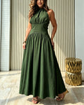 Solid Color Backless Tie Waist Pleated Flowing Long Dress