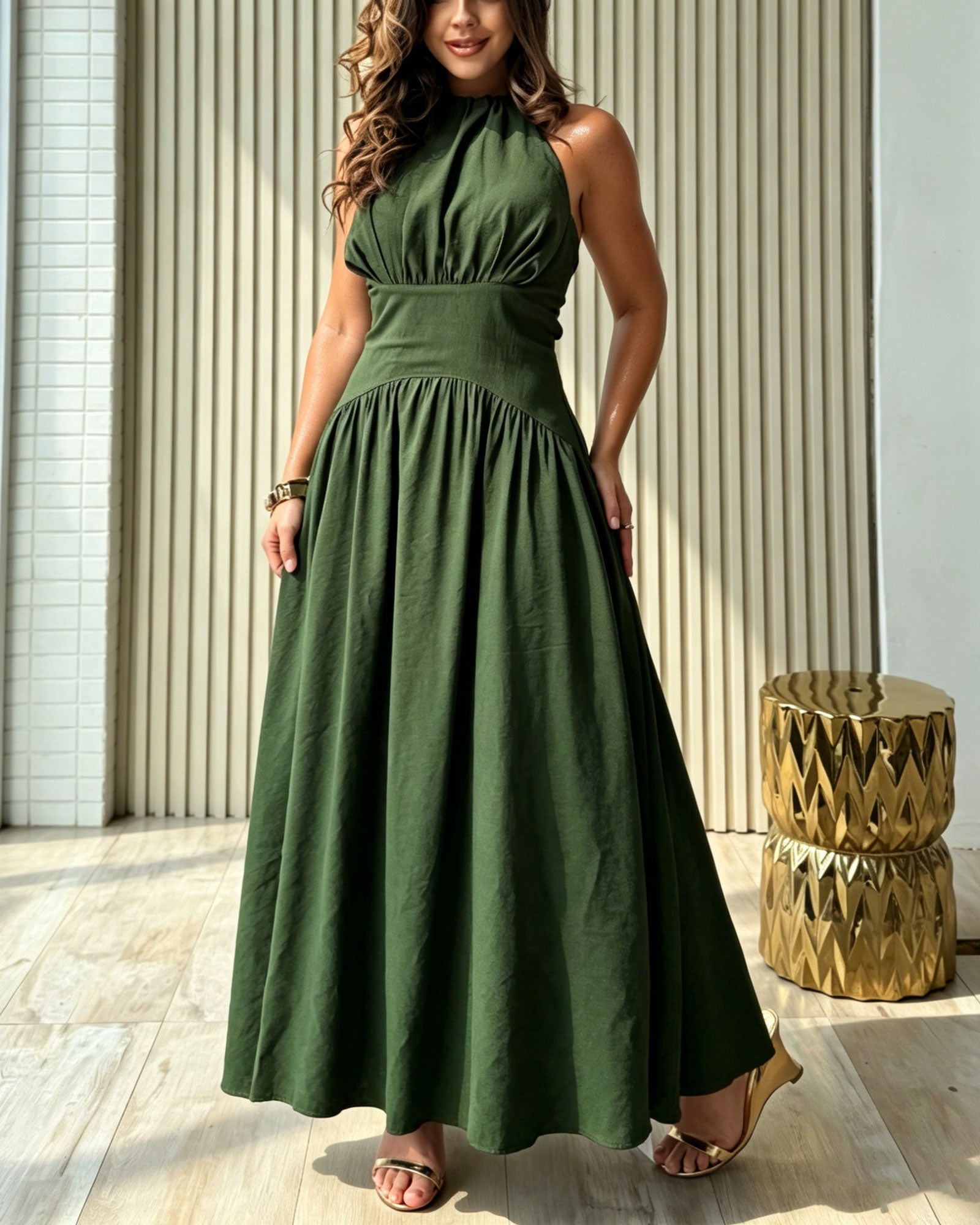 Solid Color Backless Tie Waist Pleated Flowing Long Dress