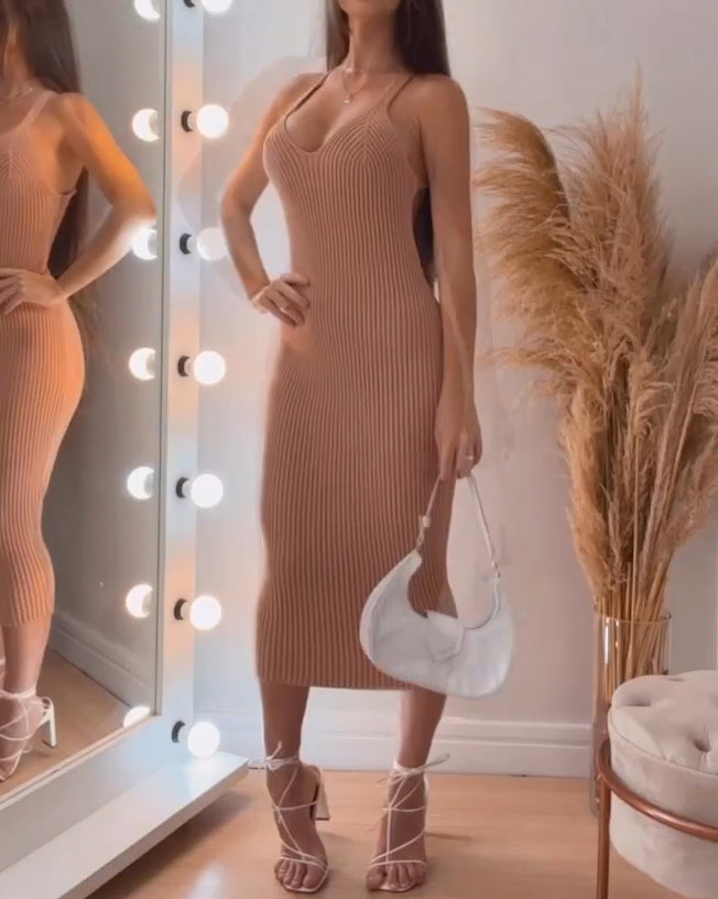 Ribbed Knit Backless Bodycon Dress Tan