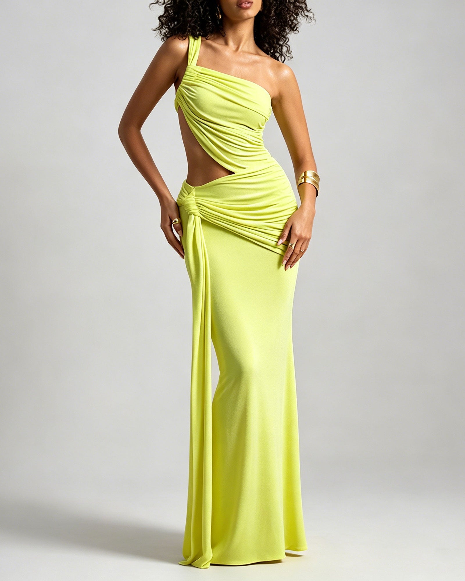 Solid Color One Shoulder Twisted Shoulder Strap Side Cutout And Pleated Maxi Dress