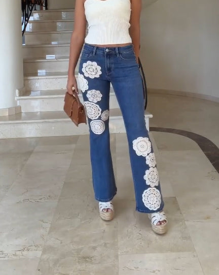 Floral Crochet Slim-Fit Skinny Flare Jeans