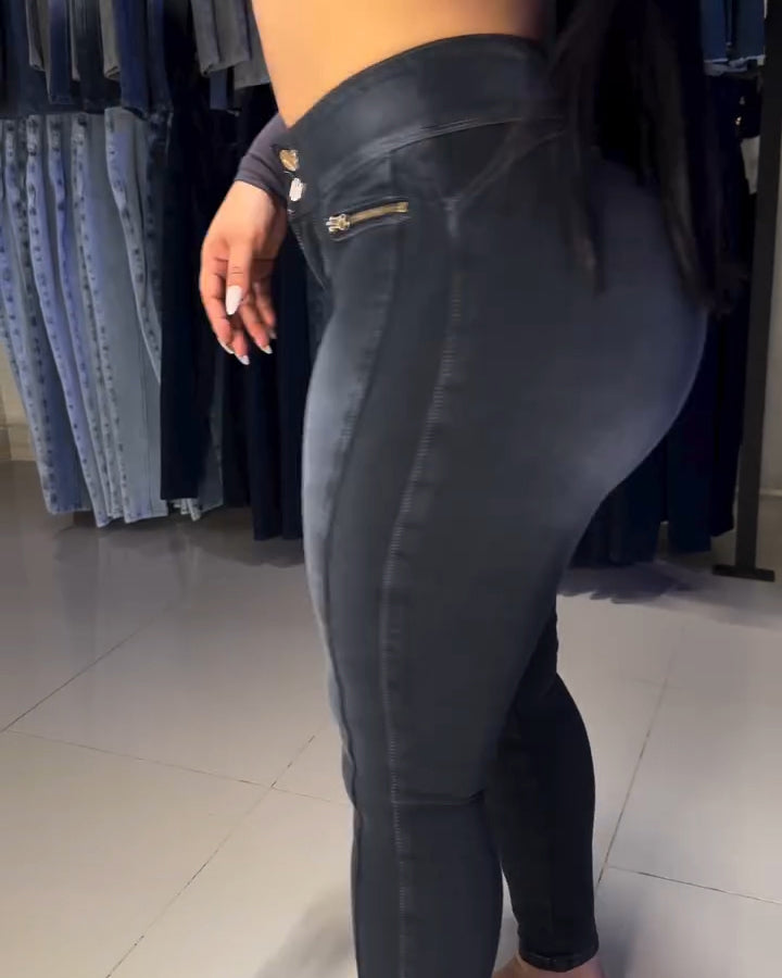 Double-Breasted High-Waisted Butt Lifter Skinny Jeans