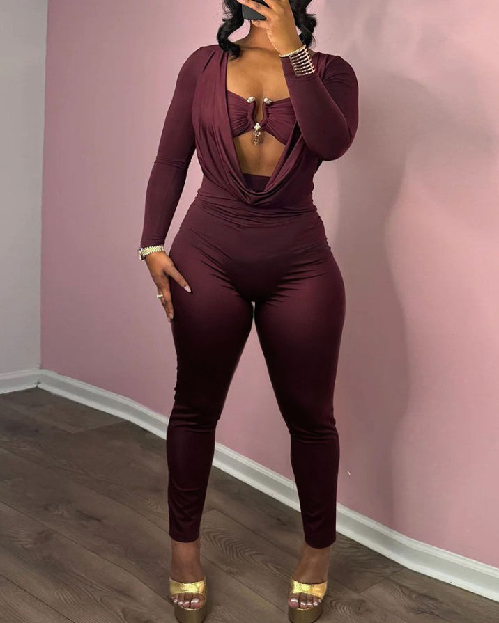 Sexy Draped Neck Slimming Long-Sleeved Jumpsuit