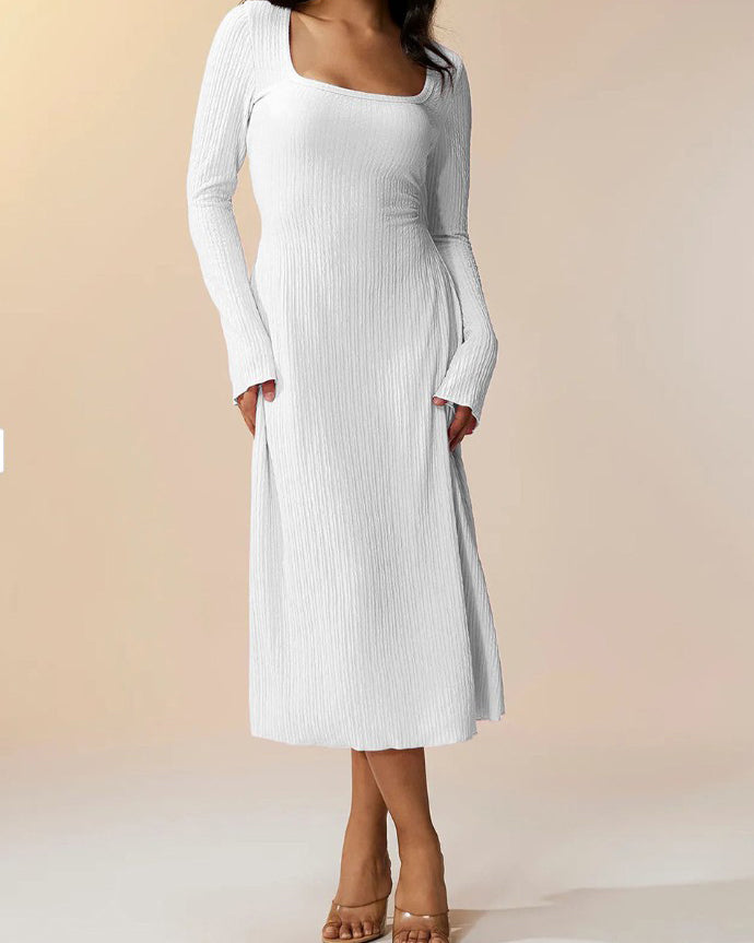 Knitted Ribbed Square Neck Long-Sleeved Tie Dress White
