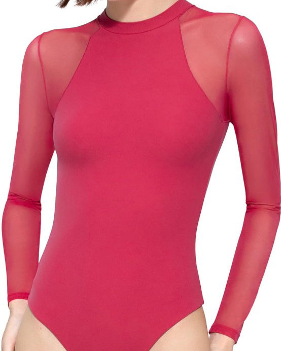 Long Sleeve Sheer Mesh Slimming Bodysuit Red