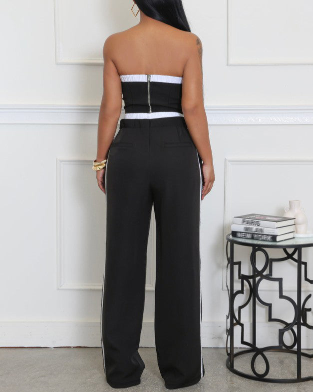 Fashion Stitching Style Tube Top Wide Leg 2 Piece Set