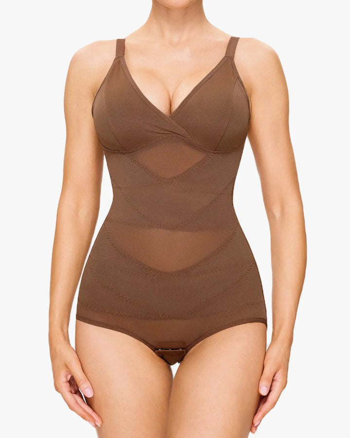 Sheer Mesh Slimming Thong Bodysuit Brown