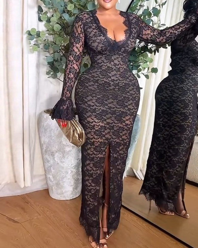 Sexy Long-Sleeved Lace V-Neck Bodycon Dress