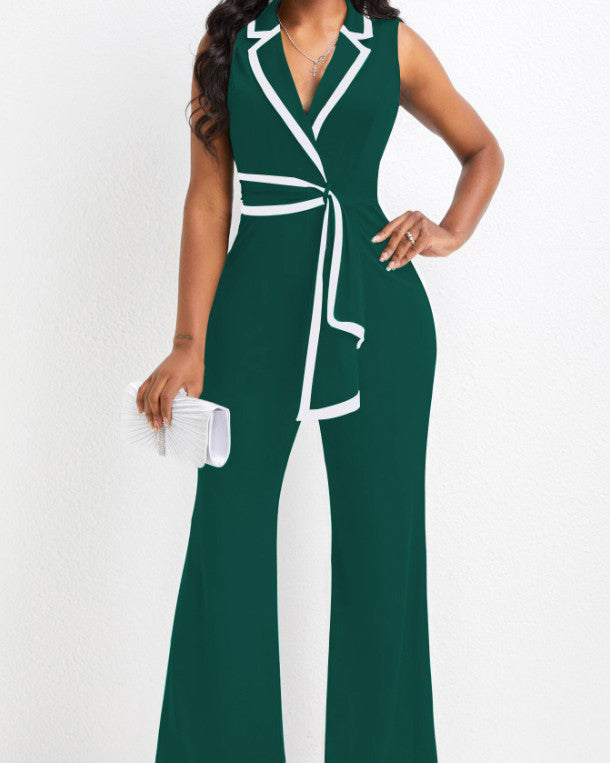 V-Neck Splicing Sleeveless Wide-Leg Jumpsuit Green