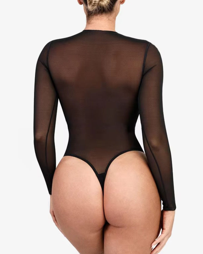 Sheer Mesh Long Sleeve Slimming Thong Bodysuit