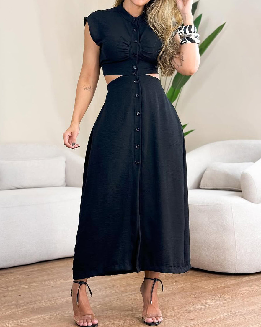 Women's Sleeveless Button Sexy Slim Fit Dress Black