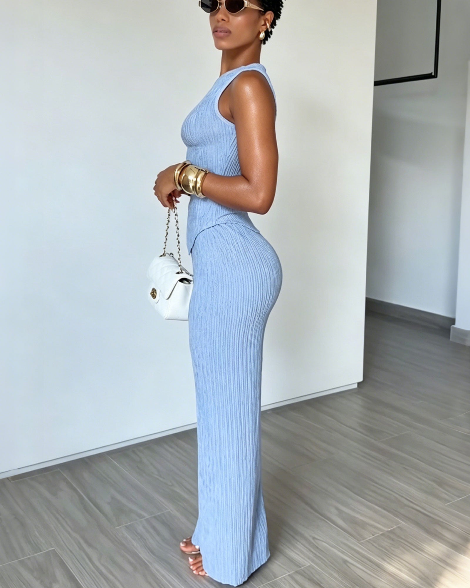 Vertical Striped Sleeveless Pointed Hem Vest And High Waisted Wide Leg Pants Two Piece set