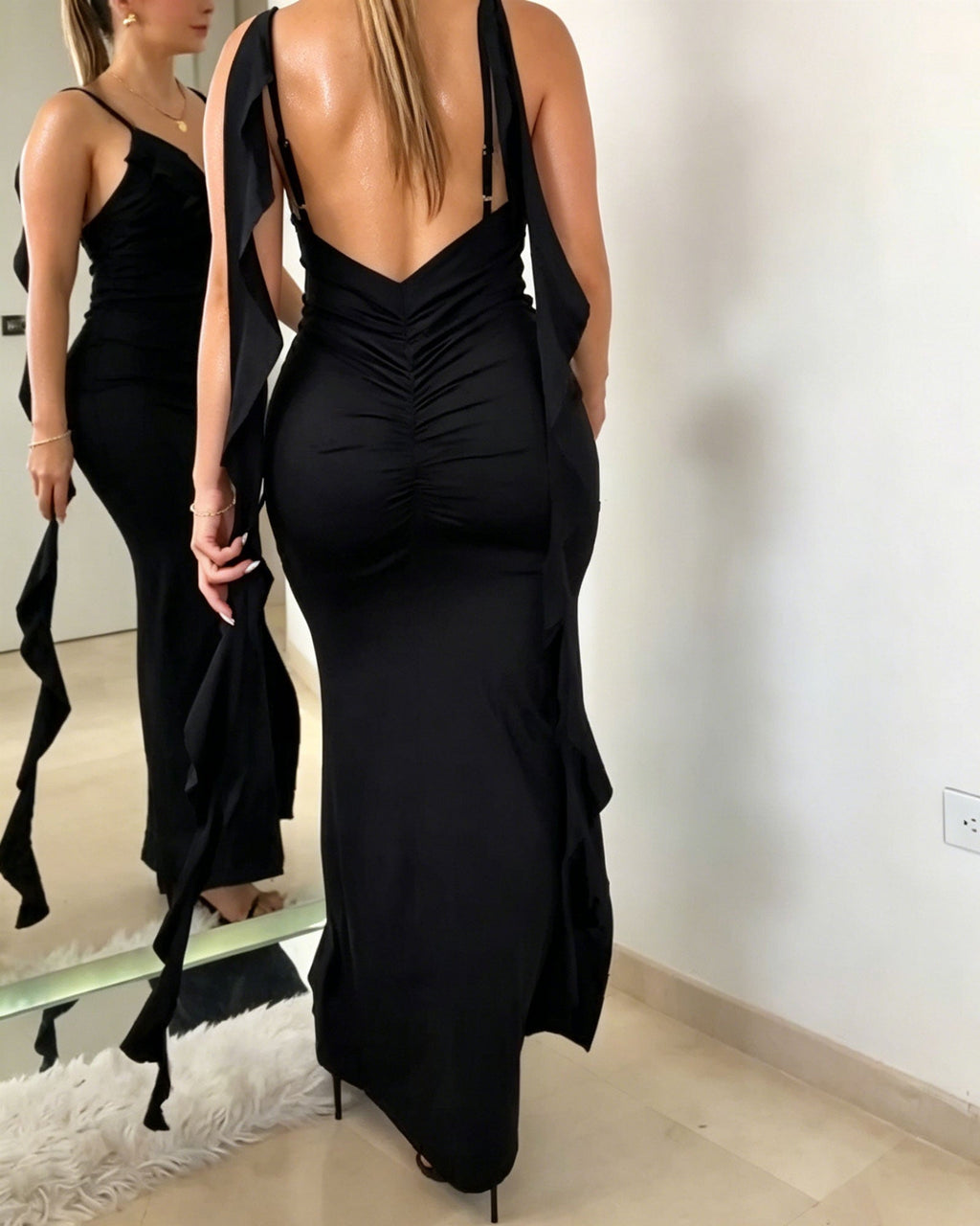 Spaghetti Strap Ruffled Backless Pleated High-Slit Maxi Dress