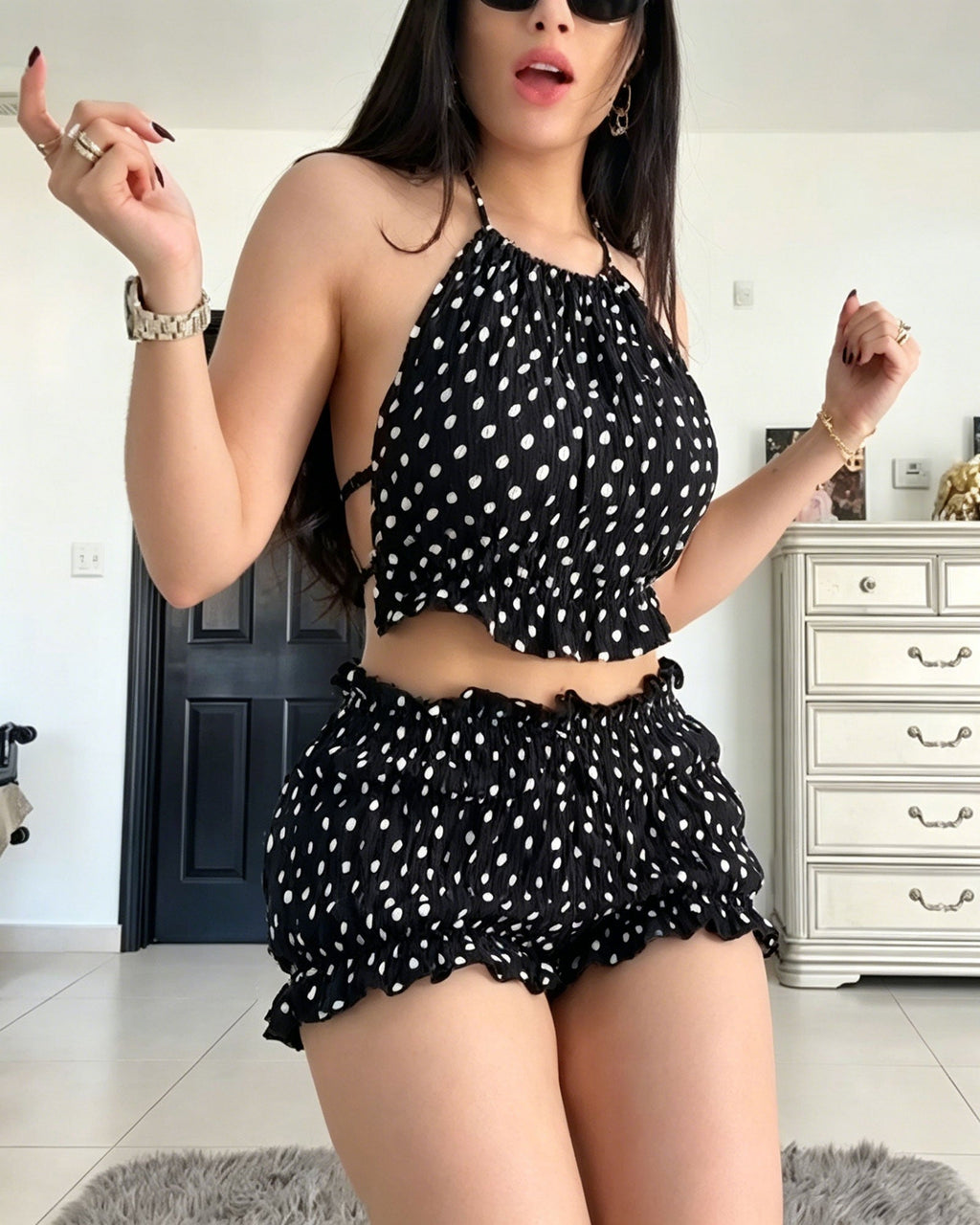 Polka Dot Backless Camisole Crop Top And Ruffled Shorts Two Piece Set