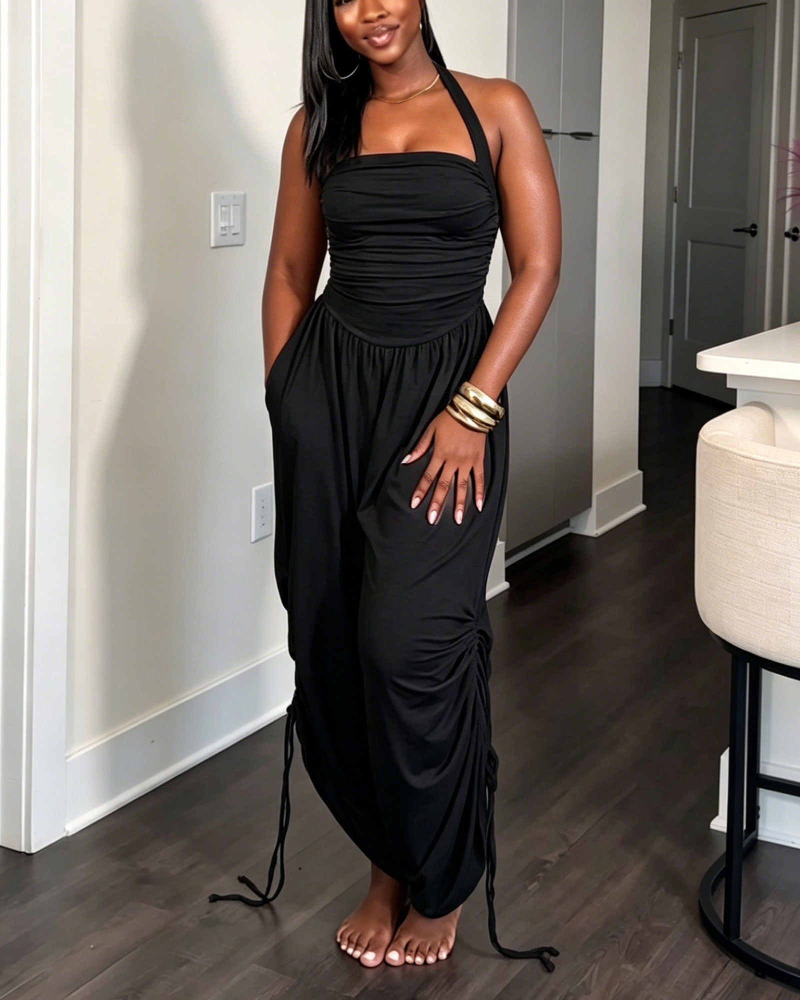 Backless Pleated Drawstring Waist Wide Leg Loose Fitting Jumpsuit