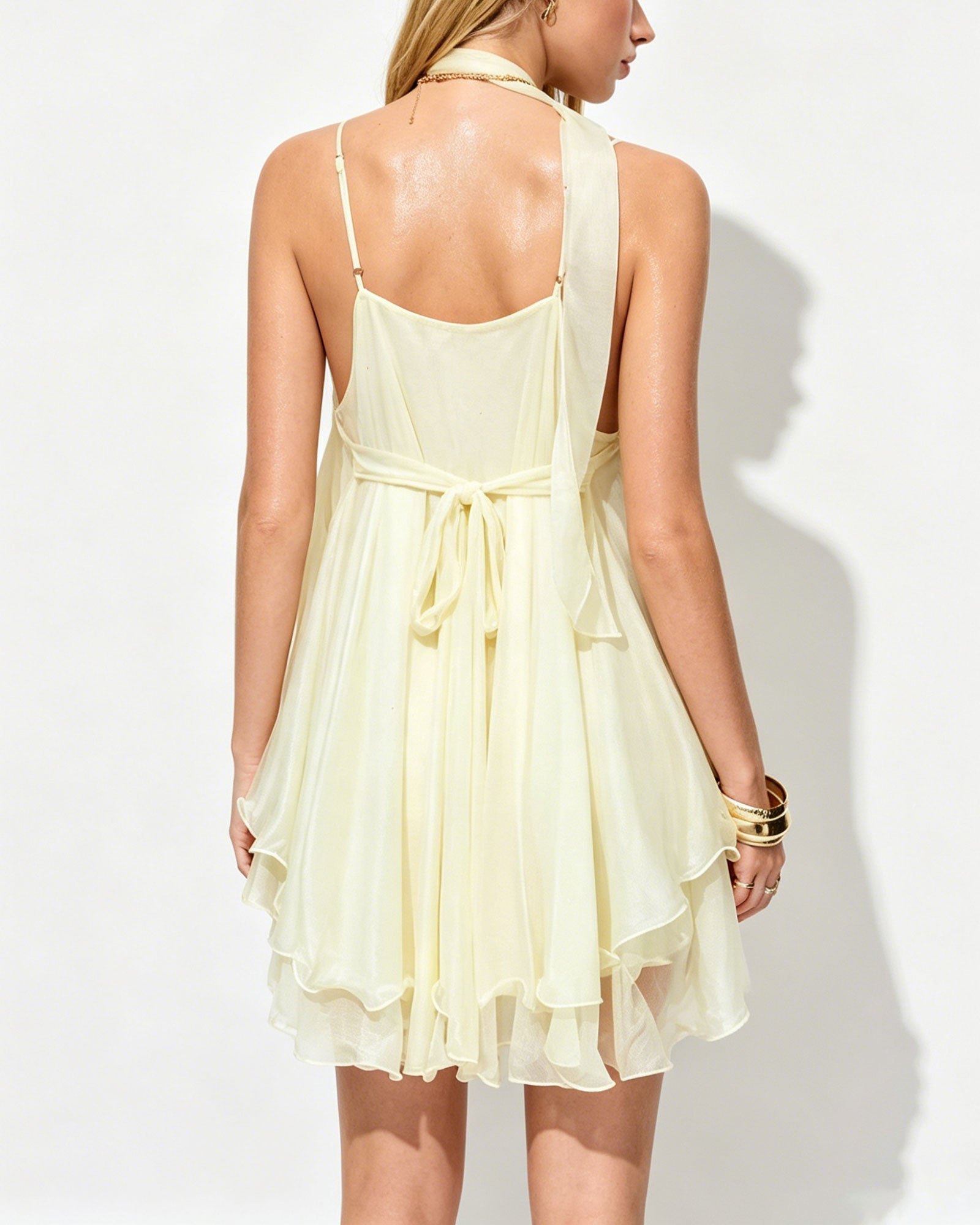 Sequined Halter V-Neck Backless Ruffled Mini Dress