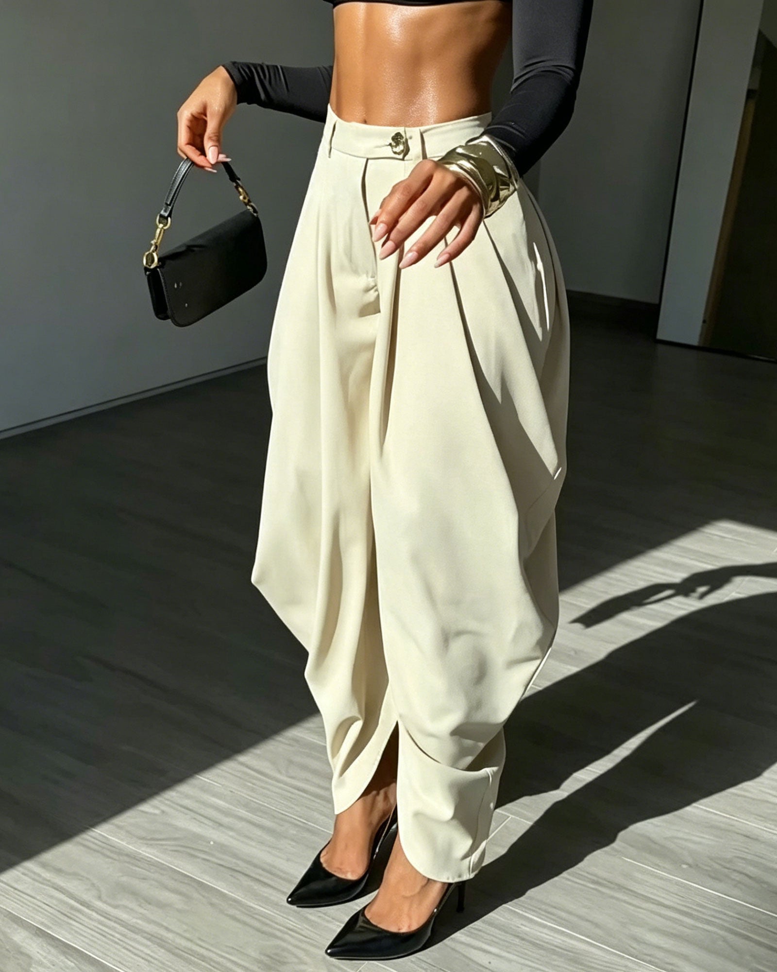 High Waisted Pleated Slit Wide Leg Harem Style Suit Pants