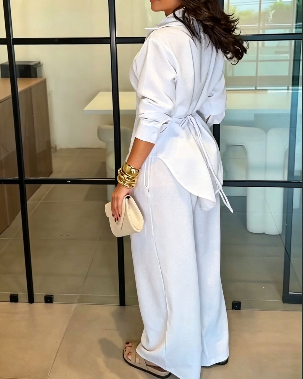 Two Piece Set: Long Sleeved Shirt With Back Tie And High Waisted Wide Leg Pants