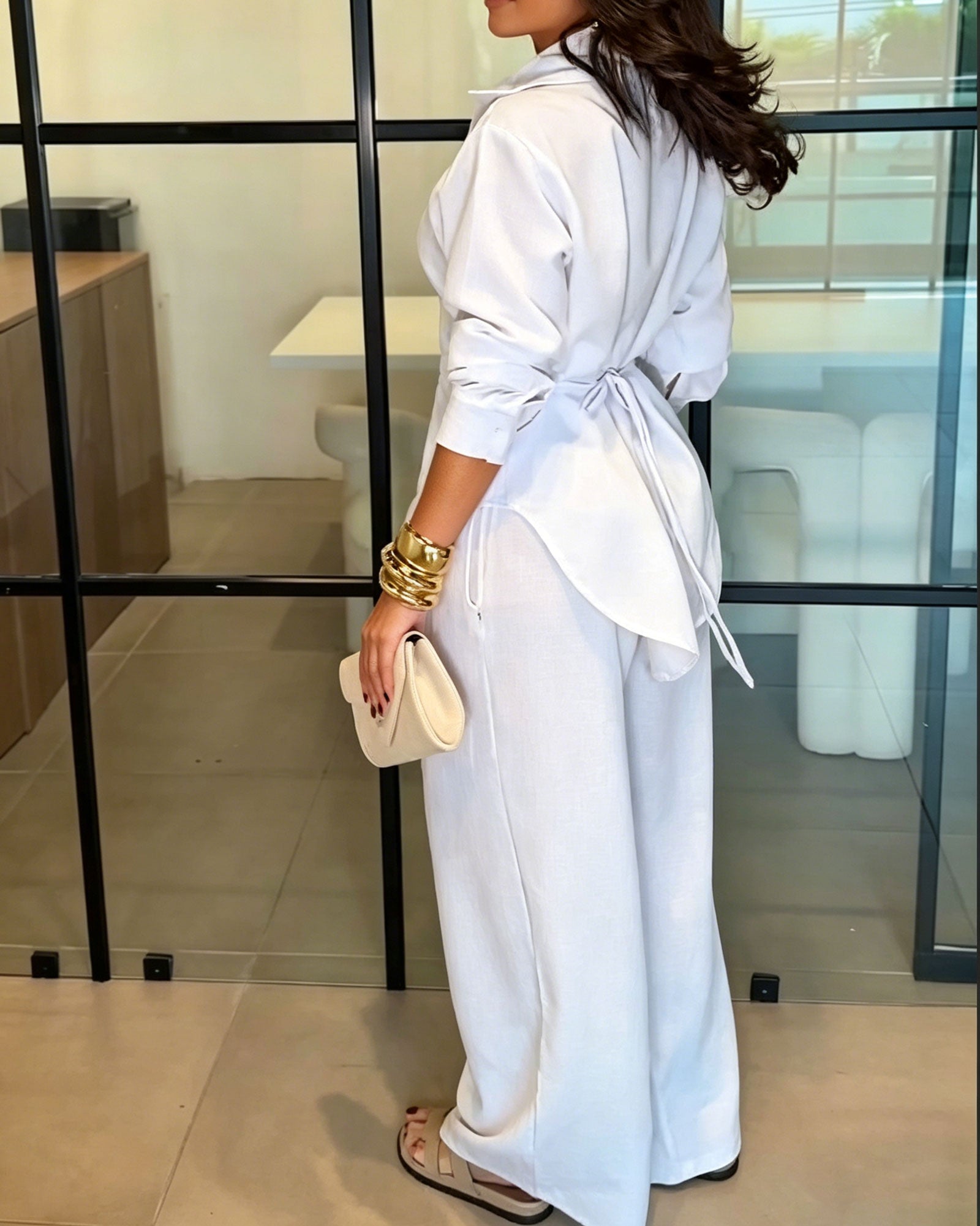 Two Piece Set: Long Sleeved Shirt With Back Tie And High Waisted Wide Leg Pants